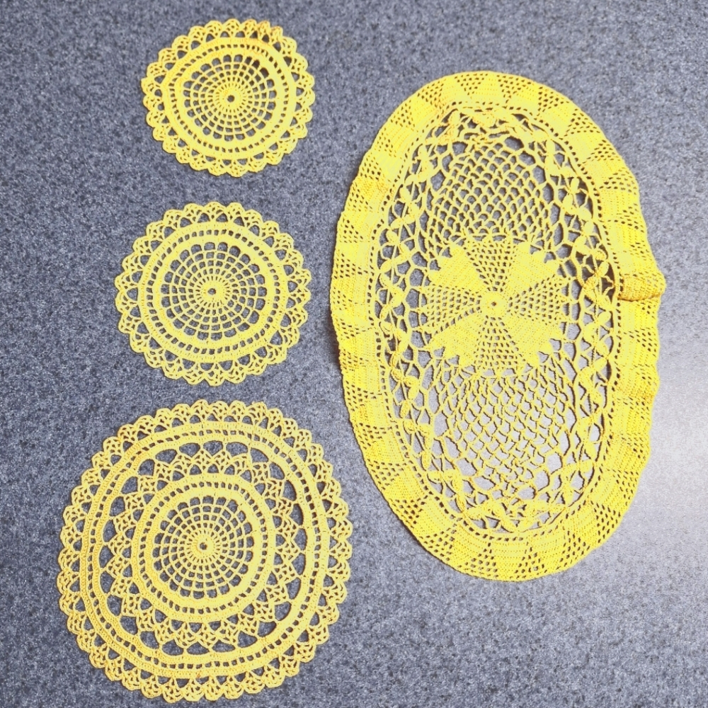 Yellow Crochet Doily Set of 4, Vintage